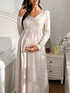 Striped Print Buttoned V-Neck Long Sleeve Casual Maternity Dress/Nightgown, Winter Pregnancy Dress Maternity Loungewear Maternity Night Gown Maternity Dresses