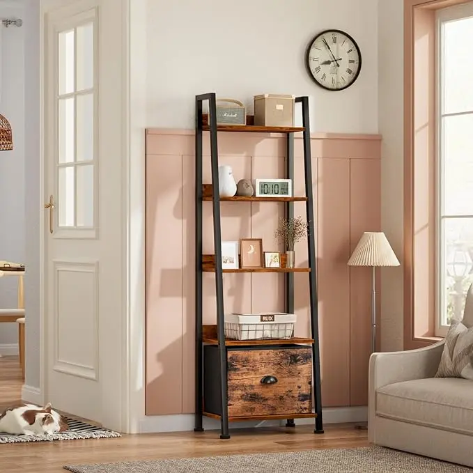 5-Tier Ladder Bookshelf With Drawer, Leaning Bookcase Storage Display Shelf, Rustic Brown
