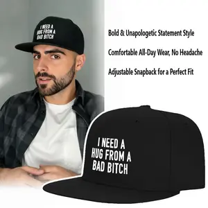 Snapback Hat - "I Need A Hug From A Bad Bitch" Funny Slogan Cap，Black Flat Brim Snapback,black cap baseball,casual hat,hats for men,flat brim sun hat