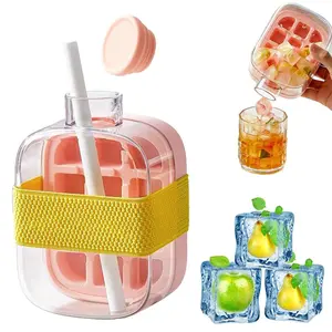 2-in-1 Ice Cube Water Bottle with Straw & Built-In Ice Maker - Leakproof Vertical Ice Tray for Freezer, Includes Easy Press Lid - Perfect for Gym, Travel & Home Use Utensils Drink Silicone Scale Shaped Insulated Containers Portable Plastic Modern