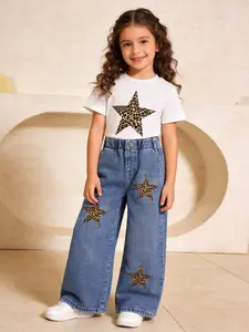 Girls' Leopard Print Star Pattern Jeans Set, Casual Short Sleeve T-Shirt + Denim Wide Leg Pants, Comfortable Elastic Waist, Ages 1-8, Kid, Clothes Kids, Casual Fashion Set, Summer Outfits Set