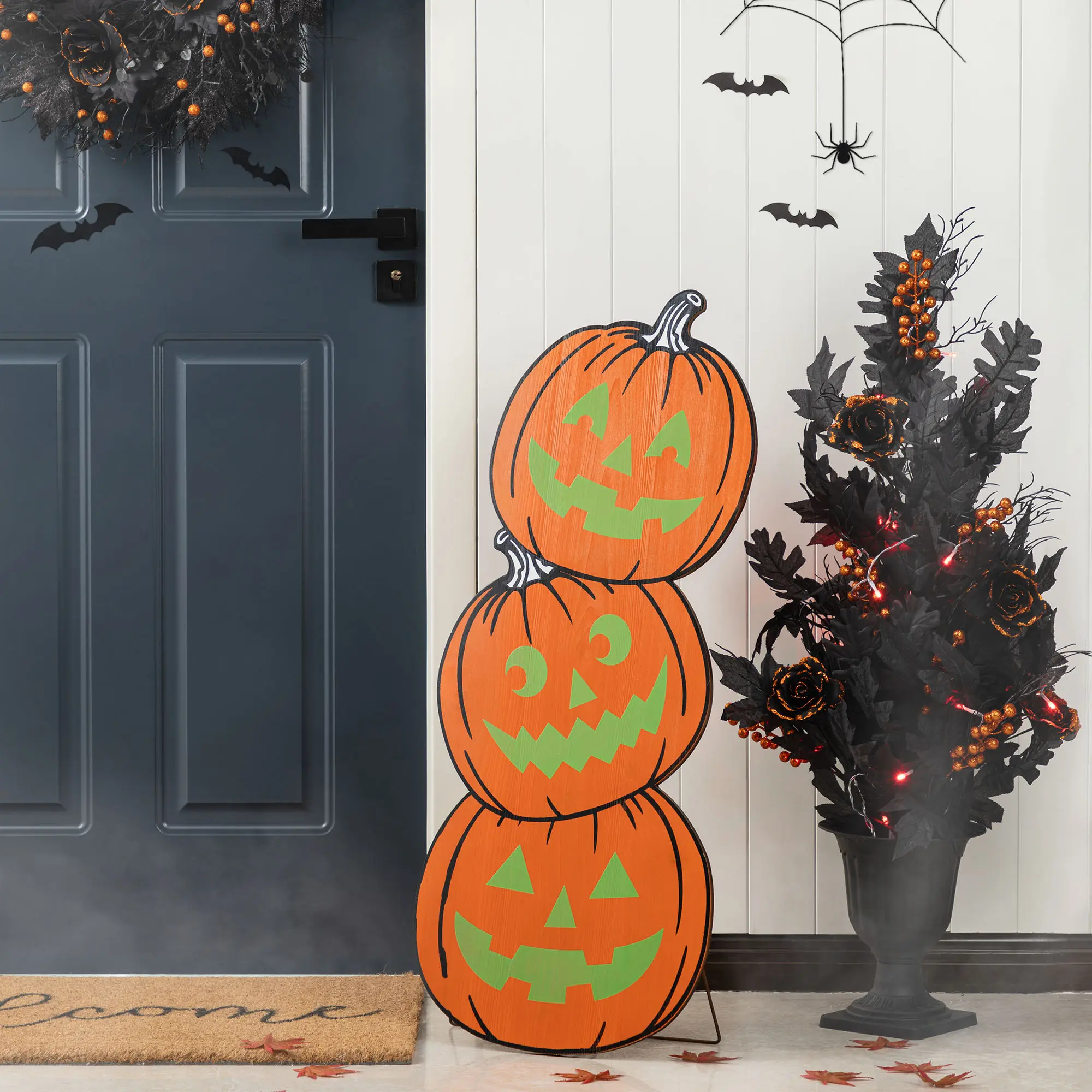 Glitzhome 24"H & 36"H Halloween Wooden Skeleton Cat and Stacked Pumpkin Porch Decor, Two Function (S/2 or One Piece)