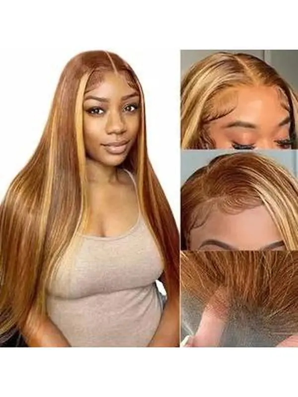 [Blend] 180% Density Blend Human Hair #4/27 Highlight Honey Blonde Straight Lace Front Wigs 28 Inch Pre plucked 13X6 HD Lace Frontal Middle Part For Women Natural Hairline