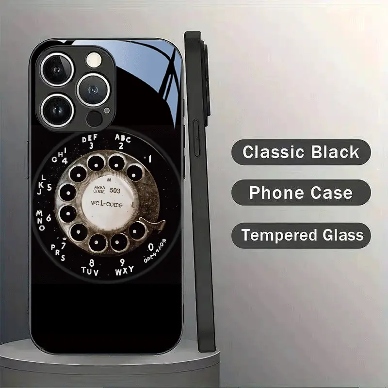 Retro rotary dial pattern, skin-friendly feel, glass texture, white light glass phone case, suitable for iPhone 17, 16, 15, 14, 13, 12, 11, Samsung and other series models, can be given as a gift to friends or family.