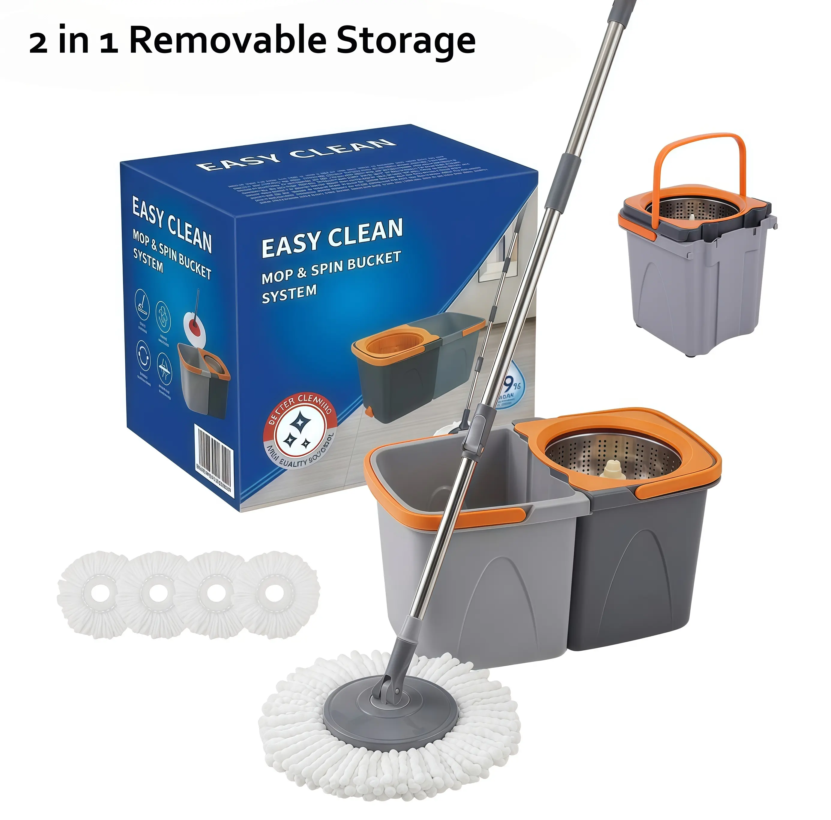 Spin Mop Bucket with Set, Operable 360 ° Rotating Mop Bucket Set, with 4 Microfiber Replacement Head ,Stainless Steel Mop Bucket 50 Inch Adjustable Handle Household Cleaning Tools