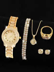 Luxurious Elegant Women's Alloy Watch, Rhinestone Embellished Watch, Crystal Quartz Watch, Rhinestone Bracelet Set, Perfect Gift for Her, Stylish Timepiece