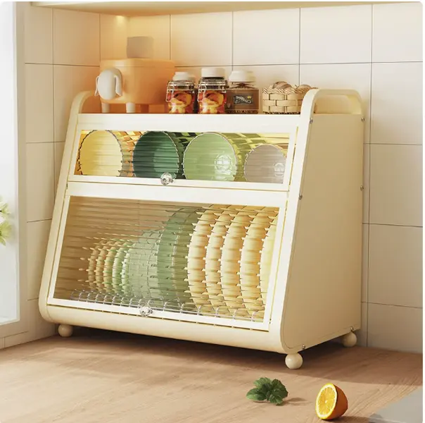 Stylish two-tier dish organizer with wave transparent door. It protects dishes from dust while allowing clear viewing, ideal for small families and modern kitchen decoration.