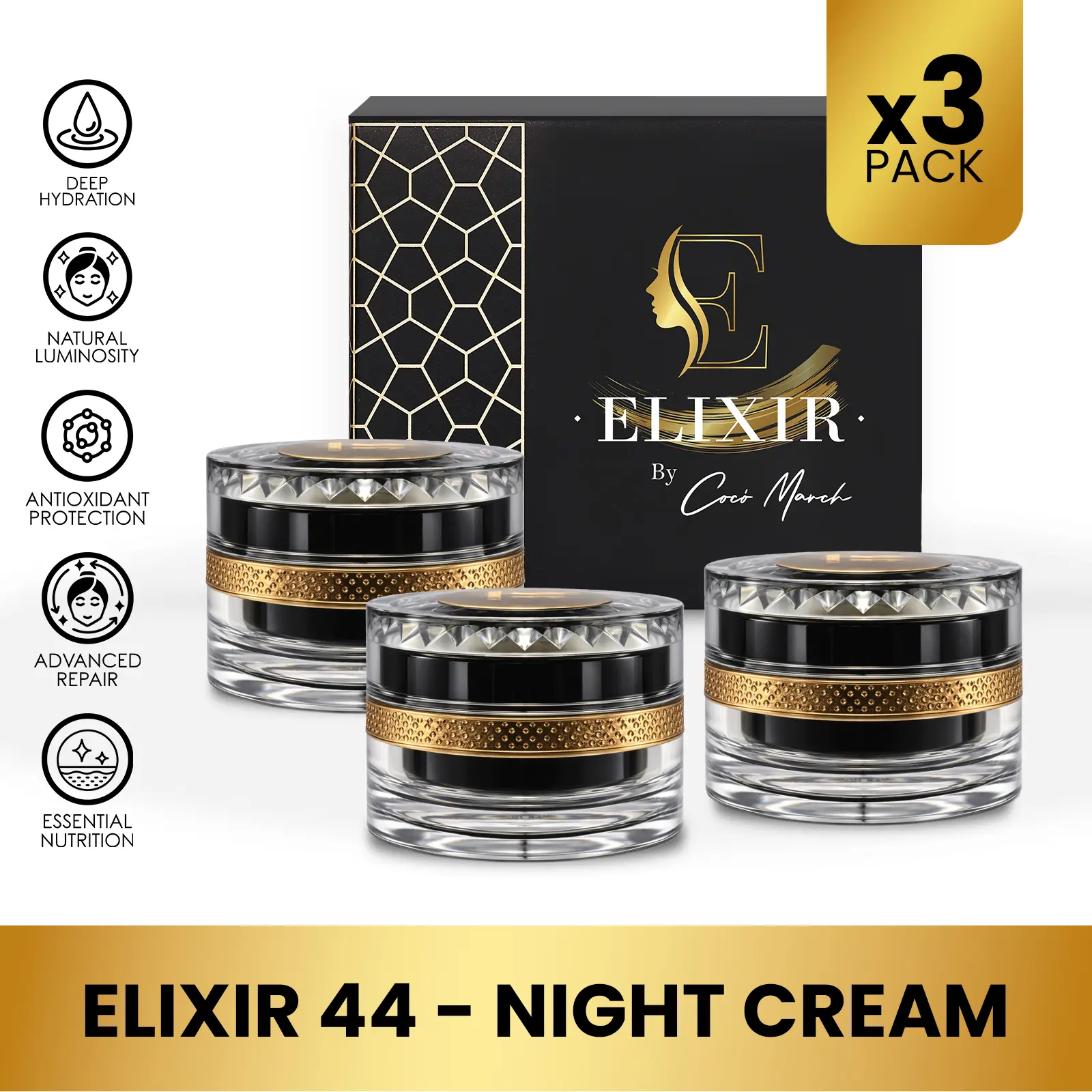 3 Pack of Elixir by Cocó March 44 Night Cream, Facial Care Products - Luxurious Silk Anti-Aging Cream