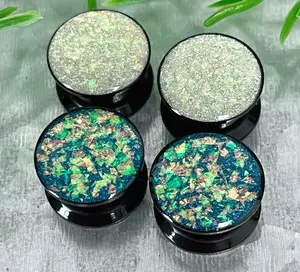 PAIR Opal Glitter Internally Threaded Black Acrylic Plugs Body Jewelry