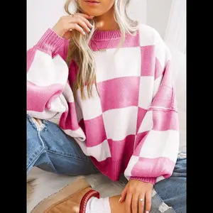 Women's Plaid Bishop Sleeve Sweater, Casual Fall & Winter Knitwear, Long Sleeve Drop Shoulder Pullover, Fashionable Ladies' Top