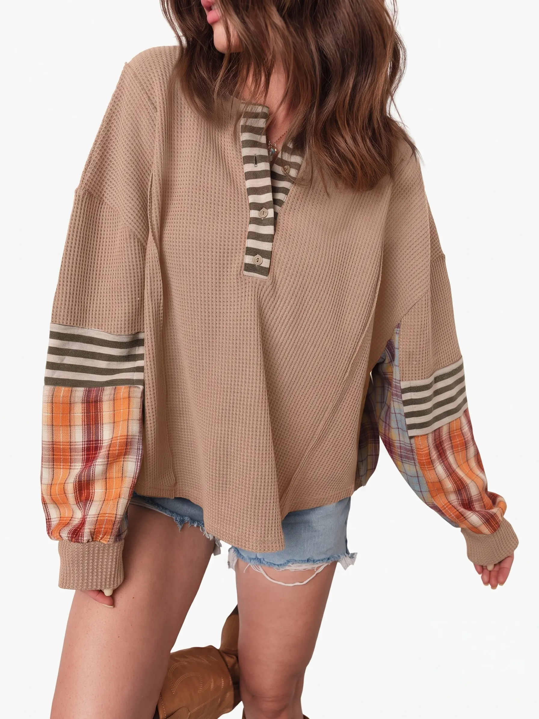 Women's Waffle Knit Henley Shirts Long Sleeve Button V Neck Plaid Stripe Patchwork Pullover Tops
