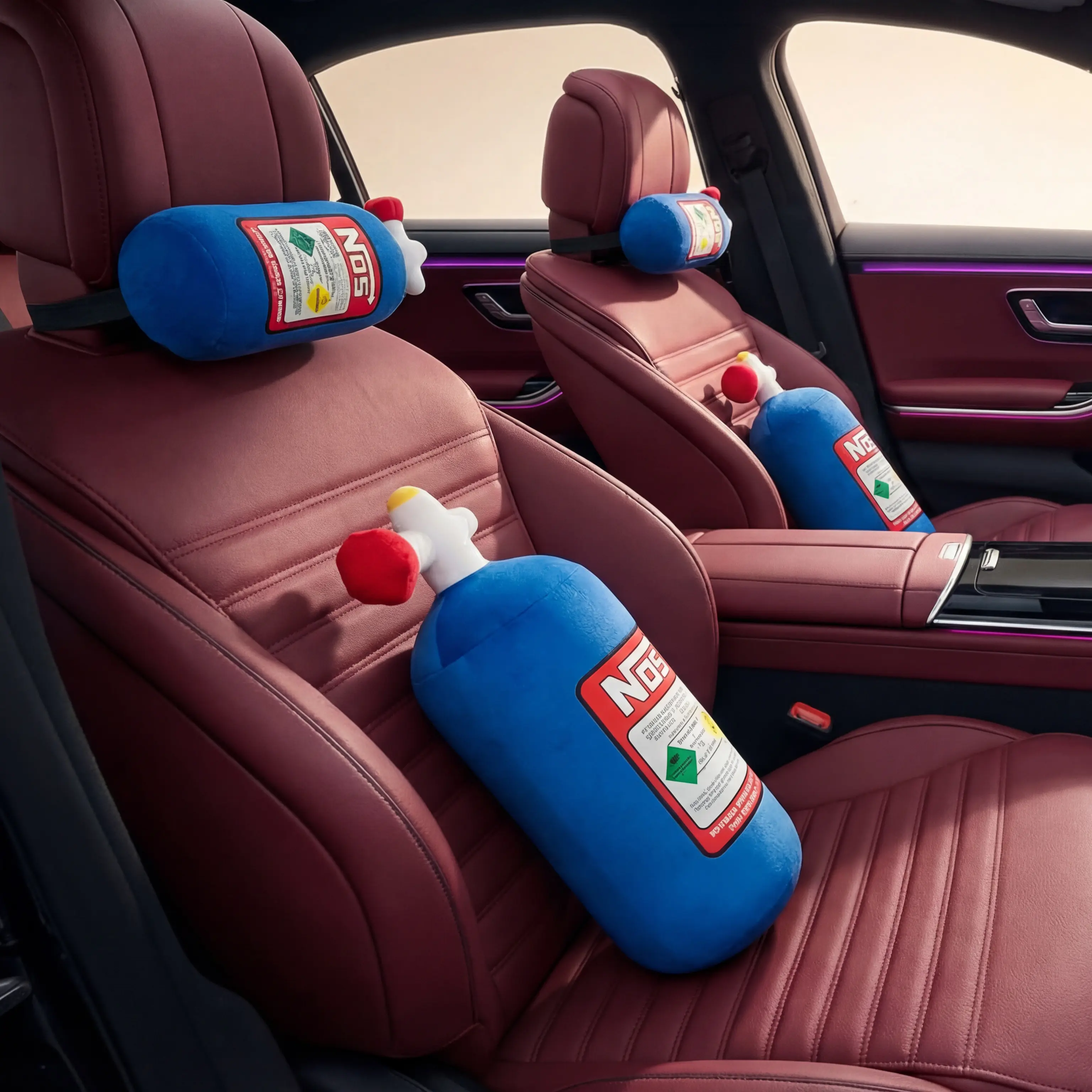 NOS  Plush Car Neck Pillow and Lumbar Support Set, Bottle Design Headrest and Back Cushion, Soft Neck and Back Support for Car Interior, Driving, Office and Home, Cute Car Decor Accessory, 11 In and 18 In, Blue, Elastic Strap, Plush Cushion for Seat