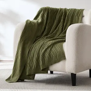 Lush Decor x Chuks Collins Shadow Bloom Throw Blanket Olive Green Cable Knit with Ribbed Borders Ultra Soft All-Season Layer for Home Comfort