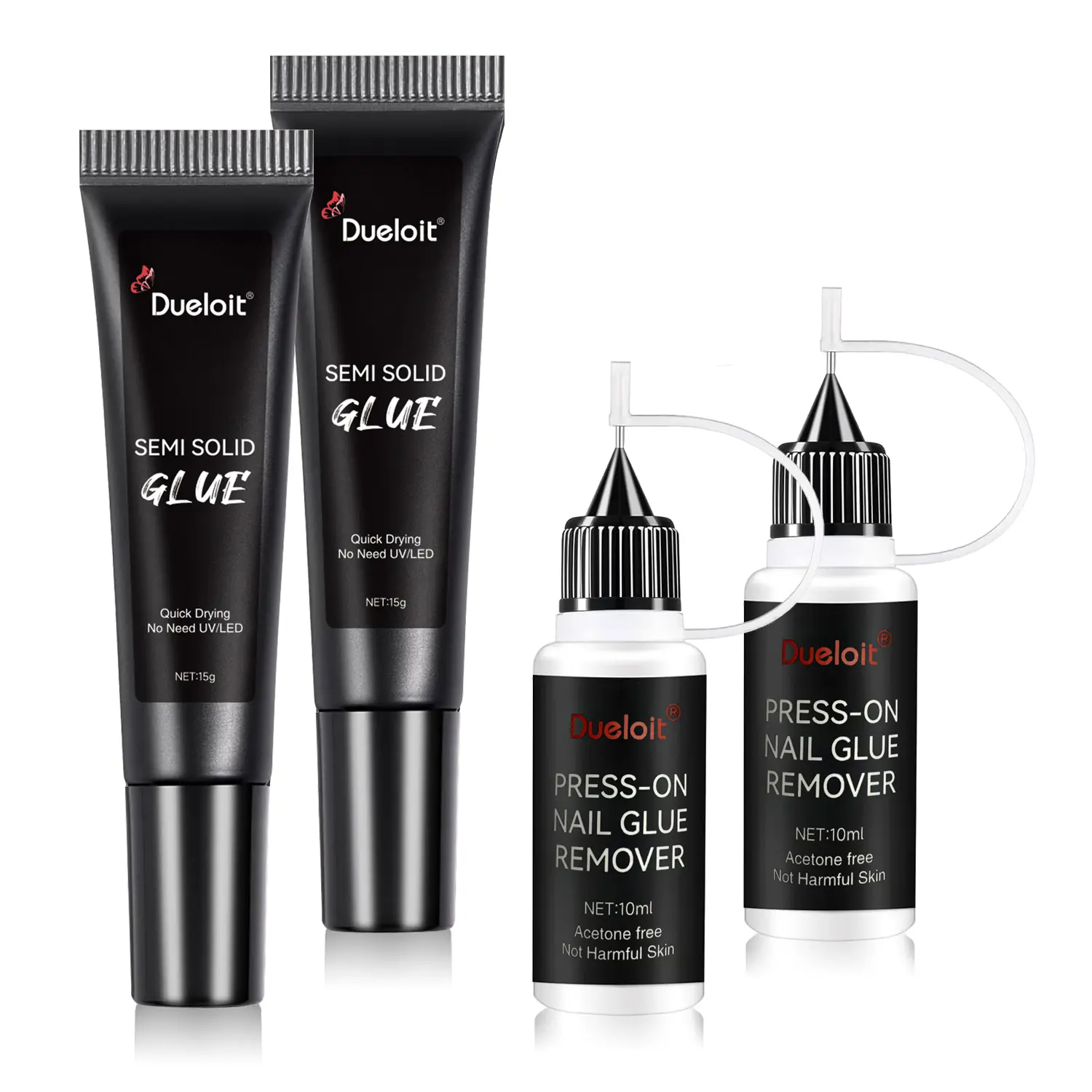 15g Semi-Solid Glue & 10ml Precision Glue Remover Kit, Gel Glue for Press-On Nails. Quick dry, no UV lamp required, easily remove nail tips in minutes.