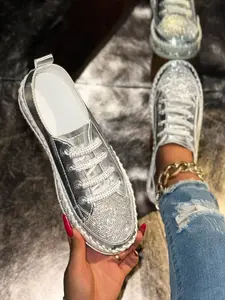 Shiny Silver Color Sequins Casual Shoes Footwear for Women, Lace-Up Chunky Sole Canvas Sneakers, Perfect for Dating and Shopping