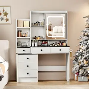 【Valentine's Day gift】Makeup Vanity with Adjustable LED Mirror and Hidden Storage, Bedroom Vanity Desk with Power Outlet