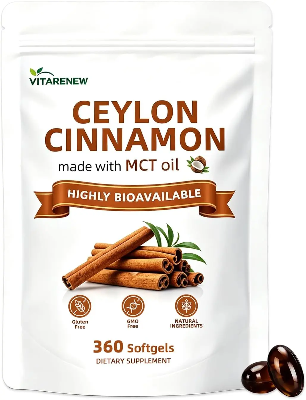 Organic Ceylon Cinnamon Softgels 10:1 Extract | MCT Oil | 360 Count (120-Day Supply) | Non-GMO, Soy & Gluten Free | Metabolism & Energy Support