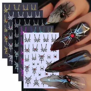 5 Pieces Halloween Spider Nail Art Stickers, Self-Adhesive Colorful Spider Web Design with Rhinestones, Perfect Festive Gift for Women & Girls, Nail Art DIY