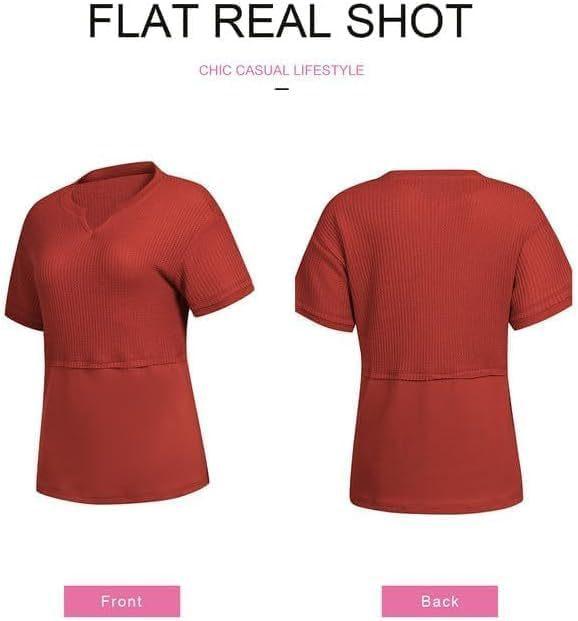 Women's Loose Fit Waffle Knit Splice V-Neck Top | Casual Trendy Short Sleeve Shirt.