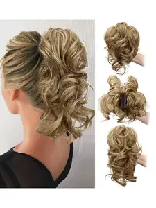 Claw Clip Short Ponytail Hair Extensions DIY Curved Metal Messy Bun Clips Women Wave Curl Synthetic Wig Pieces Salt and Pepper