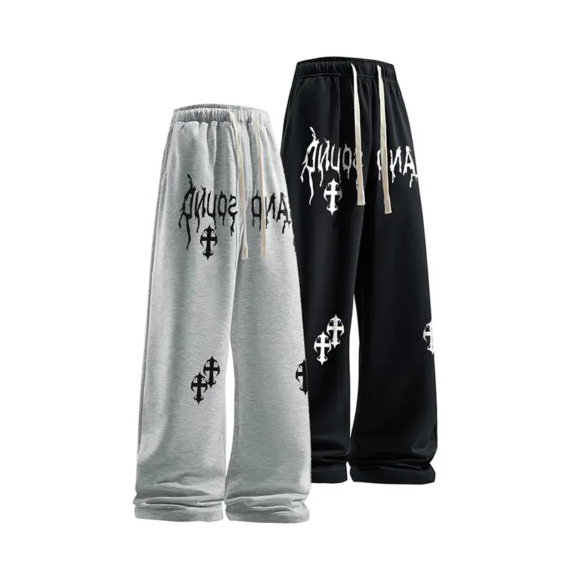 Men's High Waist Drawstring Cuffed Sports Jogger Sweatpants - Letter & Cross Print, Casual Comfy Sporty Baggy Athleisure Bottoms, Regular Fit for Daily Wear & Multi-Season Use, Sports Bottoms, Sporty Chic