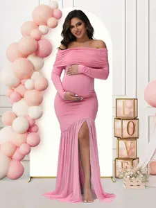 ELLIOTTWII Maternity Long Sleeve Off Shoulder Dress Solid Color Mesh Paneled Split Hem Gown For Baby Shower Photoshoot Party