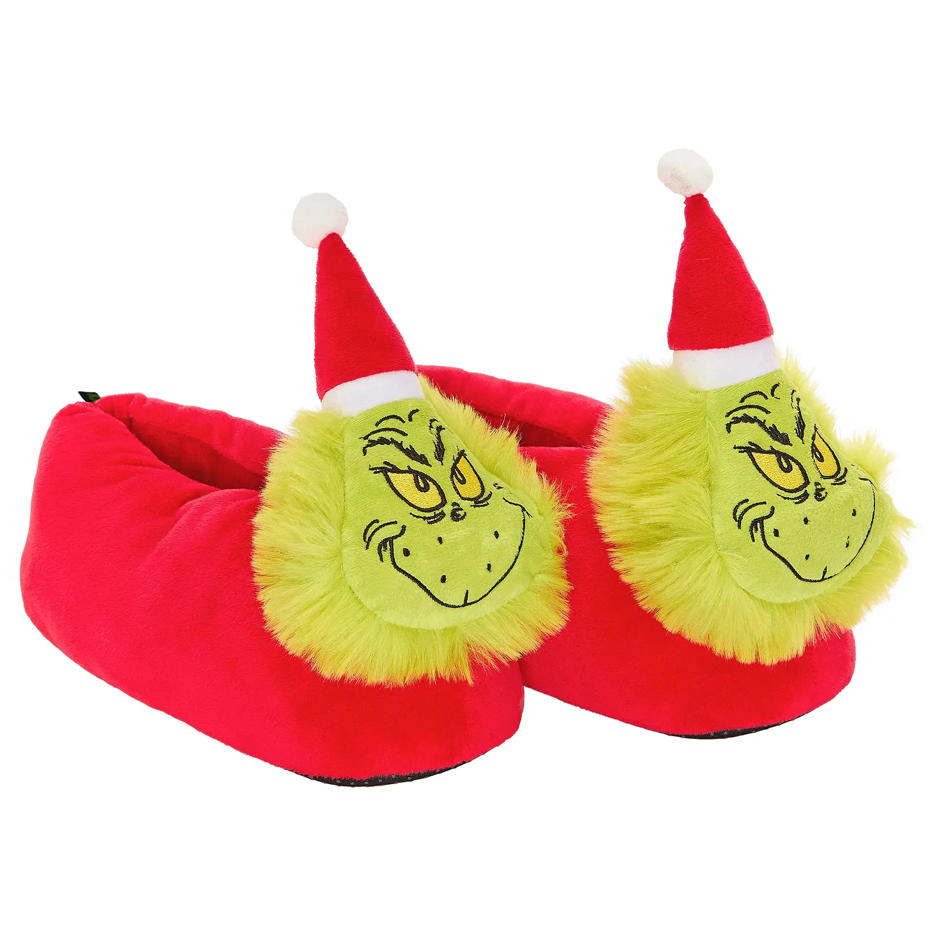 Dr. Seuss' The Grinch Character Slippers, Soft Plush Holiday Slipper Shoe with 3D Santa Hat and Non-Slip Sole for Adults, Women