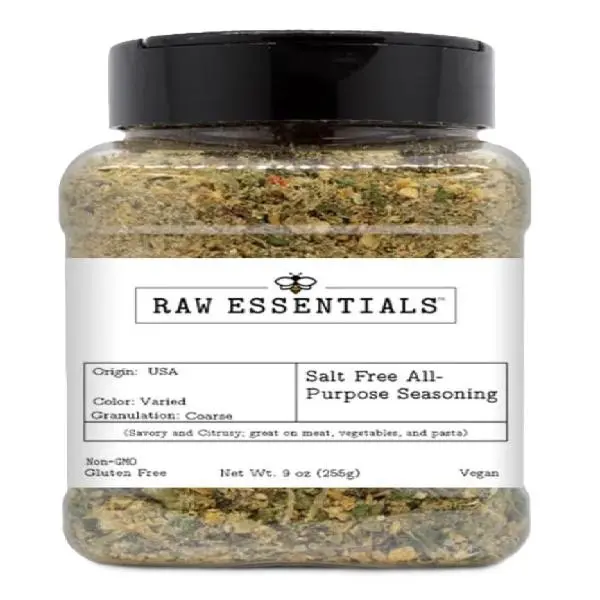Raw Essentials Salt Free All-Purpose Seasoning - Savory and Citrusy Seasoning Blend - Great on Meat, Vegetables, Pasta, and More - Large 9 Ounce Bottle - Salt Free, Vegan, Non GMO, Gluten Free