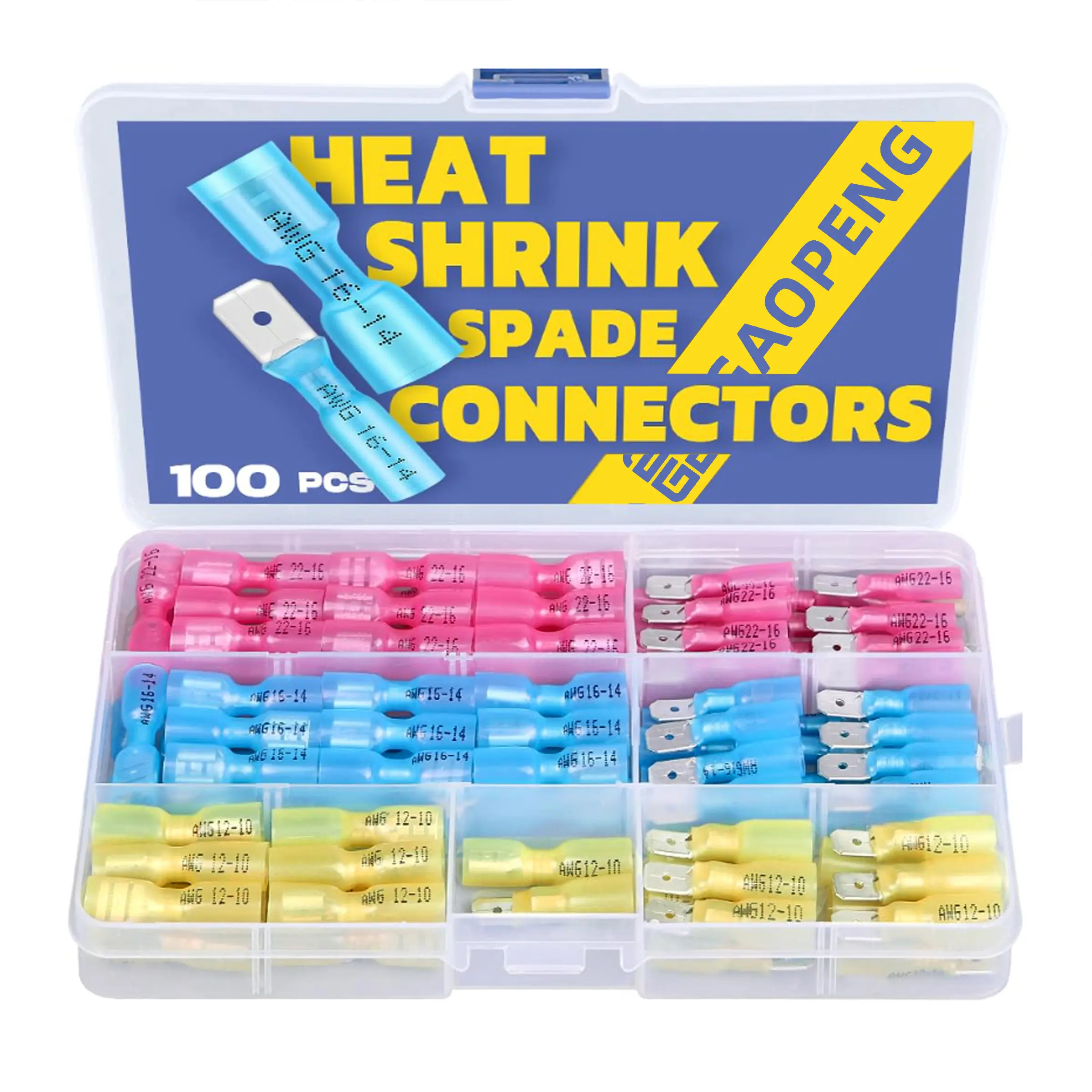 100pcs Heat Shrink Spade Connectors, Brass Connectors, AWG 22-10 Quick Disconnect Wire Connectors-Female and Male Spade terminals for Watercraft,Electronics,Automotive Crimp Connectors, Durable Reliable Connectors