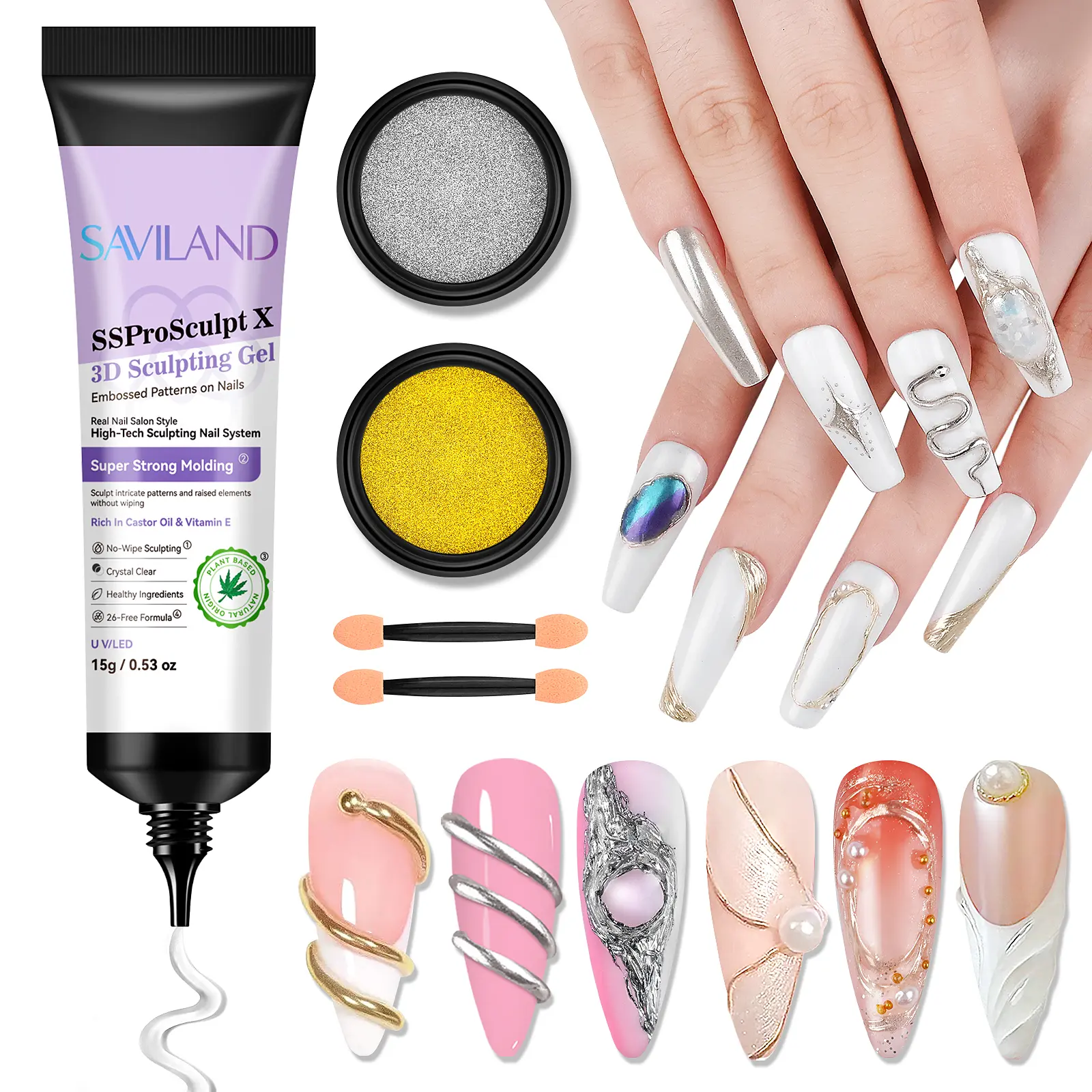 SAVILAND 3D Nail Gel & Chrome Powder Kit: Includes 3D Sculpting Gel Chrome Powder For Gel Nail Art Perfect For Home Manicures And DIY Nail Decoration summervibes