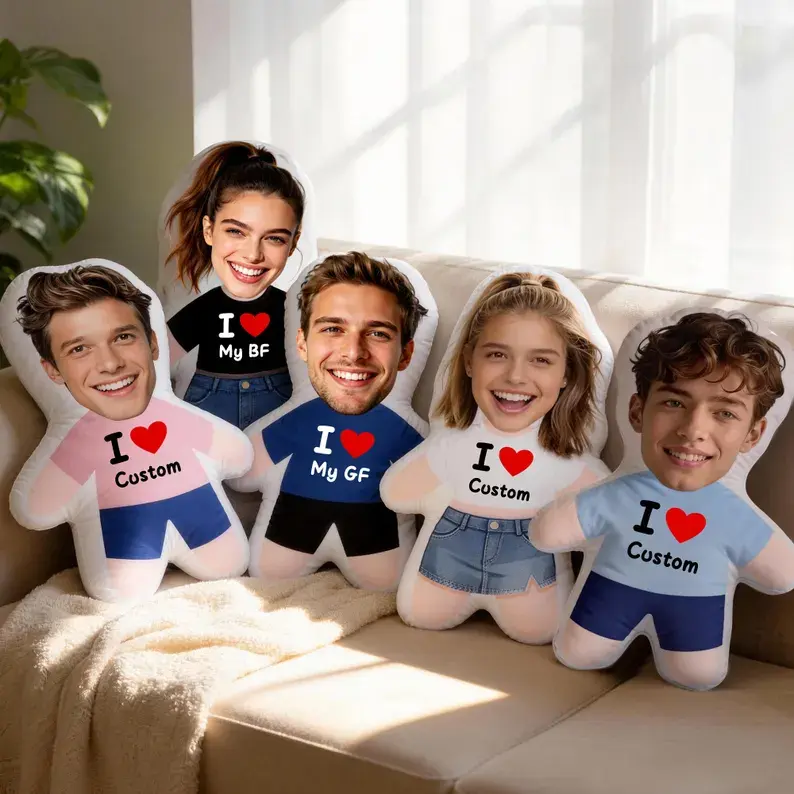 Custom Face Pillow with I Love Design – Gift for boyfriend, girl friend, Personalized Photo Cushion, Mini Me Pillow, Romantic Gift for Couples, Long distance gift