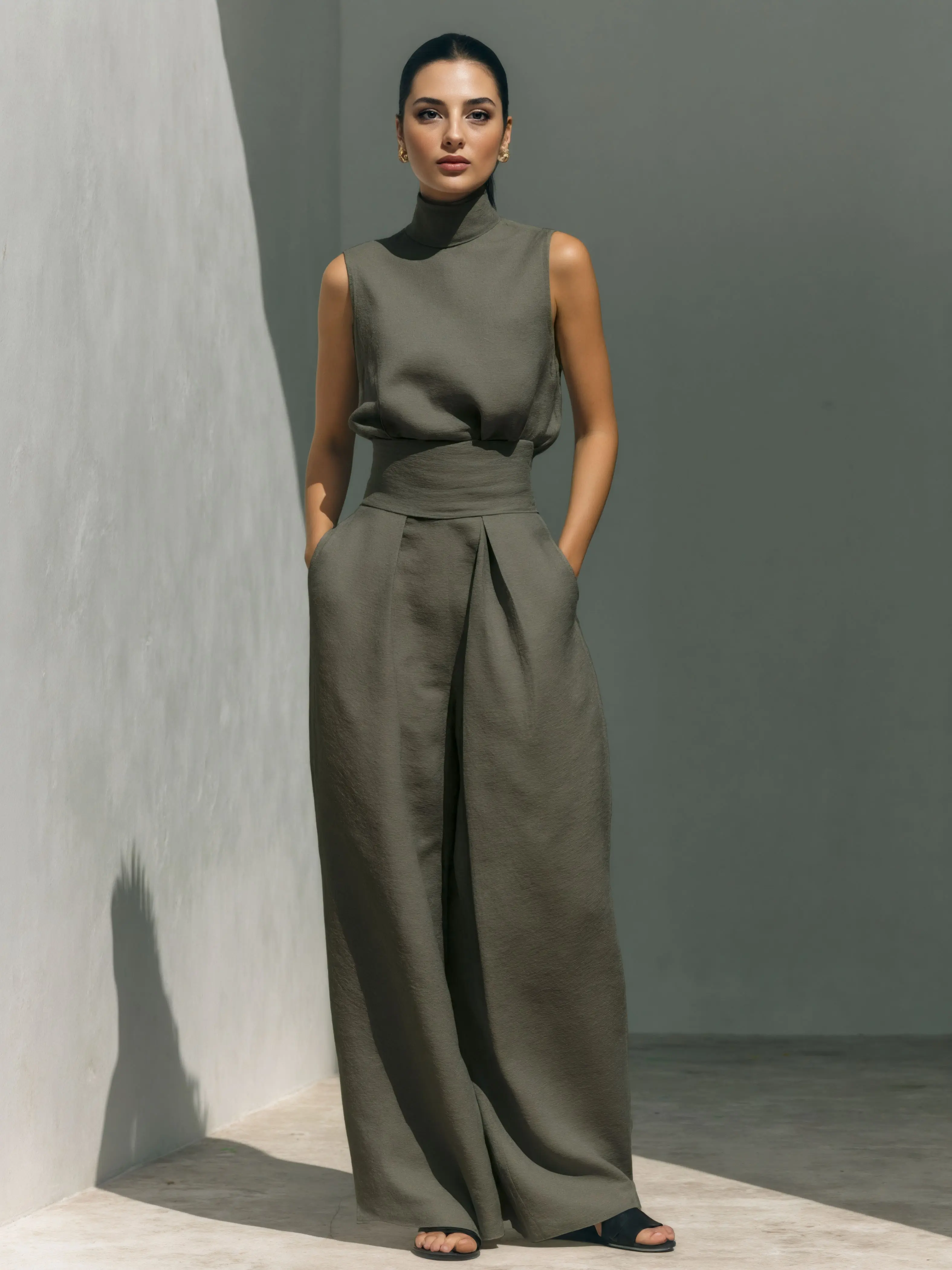 LikeMyChoice 2 Piece Matching Set Sleeveless Mock Neck Back Cutout Top High Waist Pleated Wide Leg Pants Old Money Quiet Luxury Office Vacation Outfit