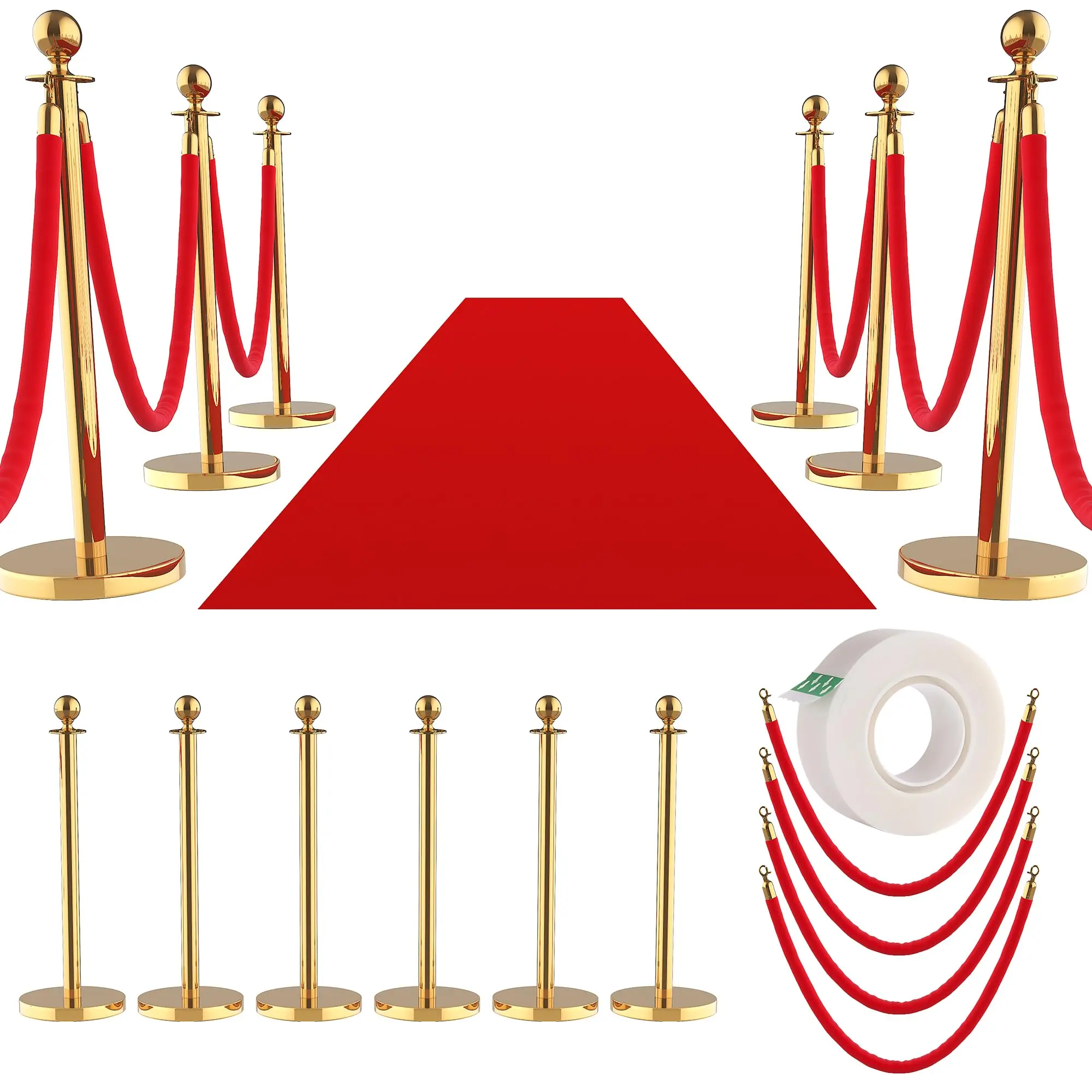 6-Pc Gold Stainless Steel Stanchion Post Kit with 5ft Red Velvet Ropes, 26ft Red Carpet, Retractable Belt & 4-Way Retractable Belt System - Crowd Control Barrier for Weddings, Parties (Home & Garden Decor for Event Planners), Kit Pack