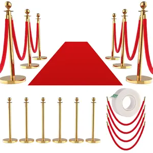 Gold 6Pcs Stainless Steel Stanchion Posts with 5ft Red Velvet Ropes - Crowd Control Barriers & Queue Line Kit with 26ft Red Carpet for Wedding, Party, Theater Supplies