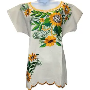 Sunflower design blouse Mexican 100% Cotton  Floral  Embroidery