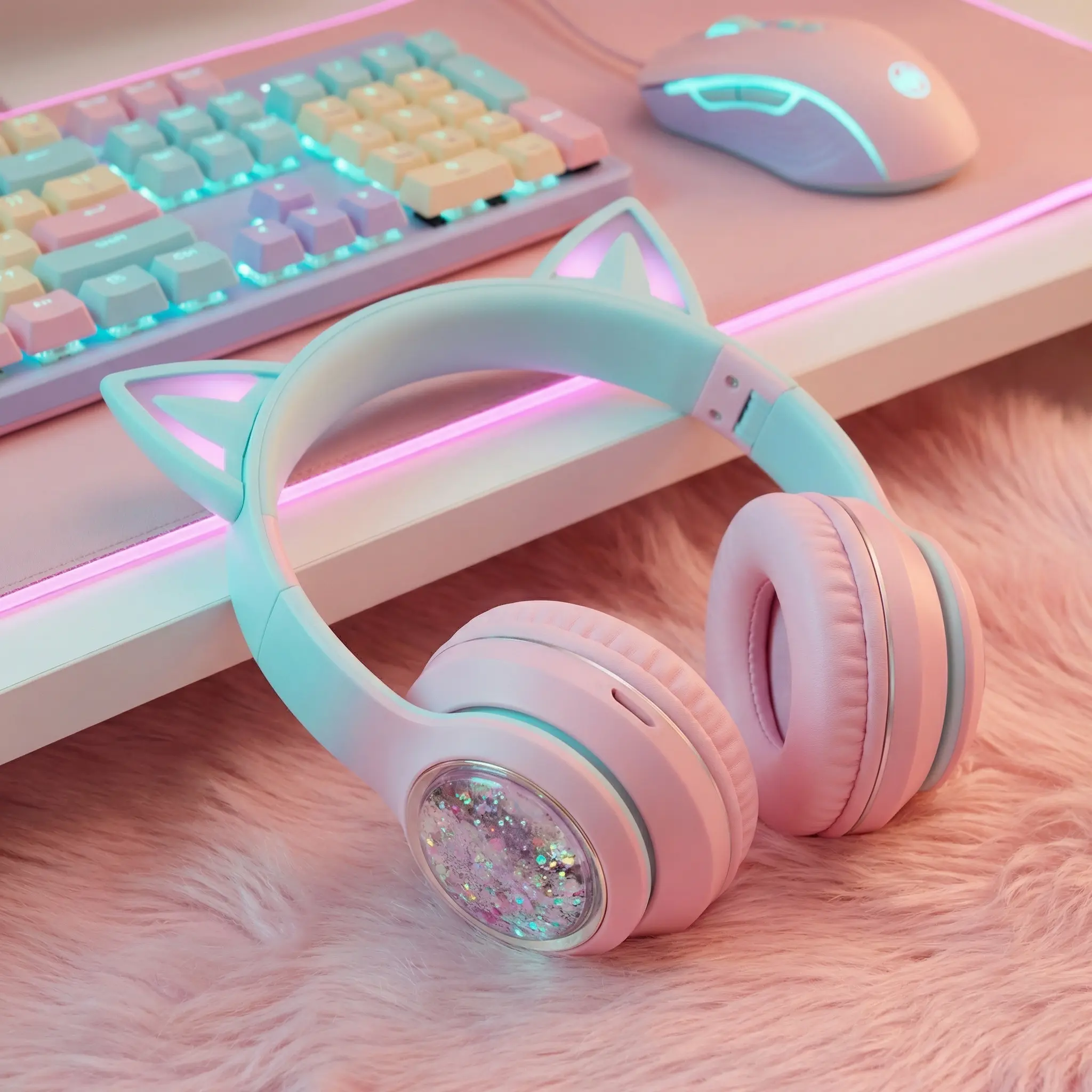 Gradient Quicksand Glitter Cat Ear Bluetooth Over-Ear Headphones, LED Glowing Light Design, Fast Stable Bluetooth Connection, Wireless Gaming Headset with Cute Sparkly Sand Decor, Ideal Gift for Kids, Teen Girls, Compatible with Phones & Laptops