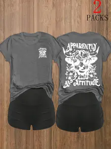 Y2K Cool Cow Set, Slogan Print T-Shirt & High-Waisted Ruched Shorts, Casual Fitted Two-Piece, Soft Stretch Fabric, All Seasons