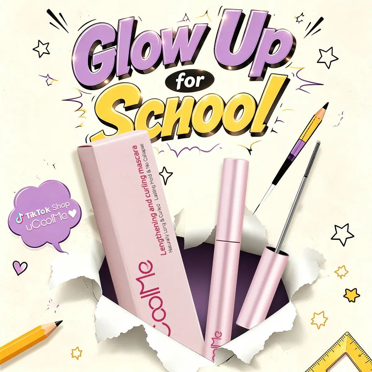 uCoolMe Lengthening Curl Mascara - 3D Black Waterproof Sweatproof Mascara, 24-Hour Long-Lasting Volume, Natural Looking Extension, Lash-Thickening, Ultra-Fine Cosmetic for Summer Glow-Up Makeup, Lengthening Mascara