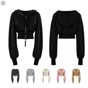 Arssm Cropped Hoodie Double Zipper Workout Jacket With Thumb Holes | Women's Stylish Athletic Crop Top Fabric Womenswear Ziphoodies