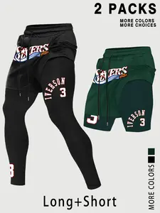 Men's Sports Pants Set, Allen Iverson 3 Print, Mock Two-Piece Design, Quick-Dry Breathable Fabric, Basketball Training, Fitness, Multiple Colors, Sportswear Bottoms