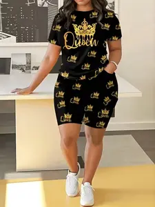 Large casual suit, short-sleeved shorts with pockets, full body printed with Queen's letters