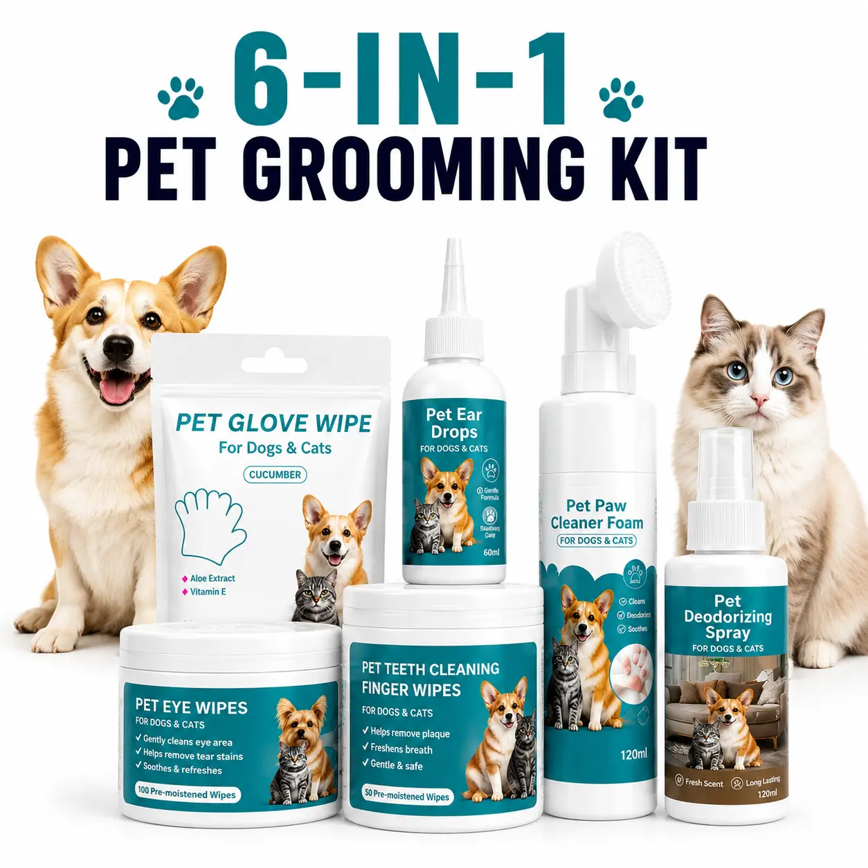 6-in-1 Portable Pet Grooming Kit for Dogs & Cats - Dental Wipes, Eye Wipes, Ear Cleaner, Glove Wipes, Paw Foam & Deodorizer