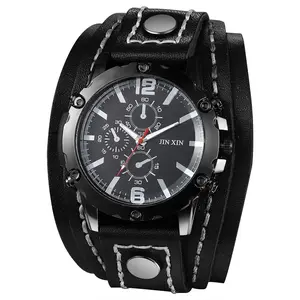 OIDEA Men's Wide Genuine Leather Strap Watch - Punk Style Round Dial Analog Luminous Quartz Wristwatch with 3 Dials, Steampunk Design, Halloween Fashion Accessory Gift for Men's Accessories, Punk Style Watch summerwins,summerwins