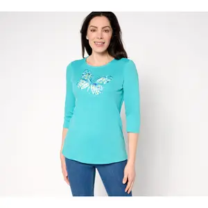 Quacker Factory Floribunda Butterfly Embroidered 3/4-Sleeve Top