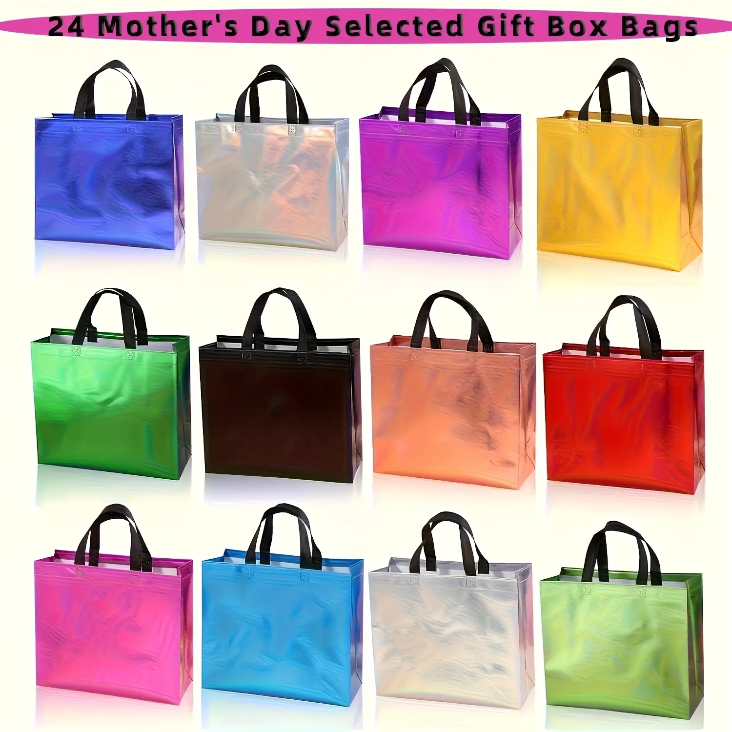 Unisex Holographic Rainbow Party Gift Bags (24 PCS) - Jumbo 13x11x5in Reusable, Heavy-Duty, Water-Resistant Foldable Totes for Birthday, Wedding, Eco Storage (Assorted Colors)