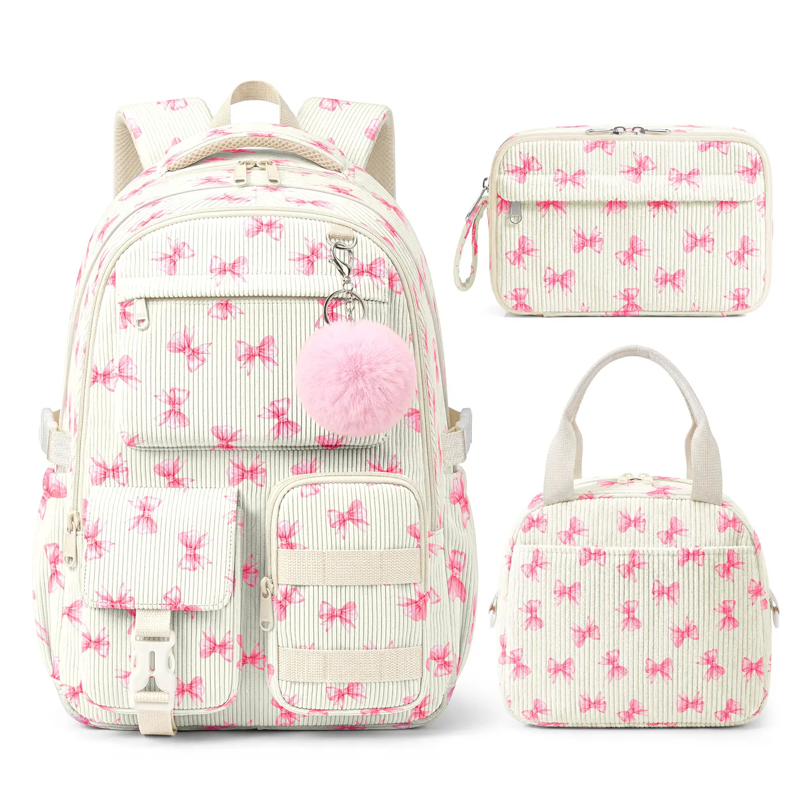 Women's 3-Piece Corduroy School Backpack Set, Cute Aesthetic Bow Design for Girls, Includes Insulated Lunch Bag & Large Pencil Case, Backpacks for School kawaii