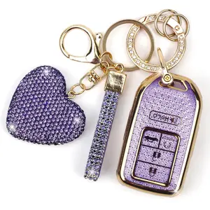 Key Fob Cover with Diamond Keychain Car Key Holder Compatible with 2016-2022 Honda Accord Civic CRV Pilot Ridgeline Passport Smart Remote Key Protector for Women, 5 Buttons (Purple-Heart)