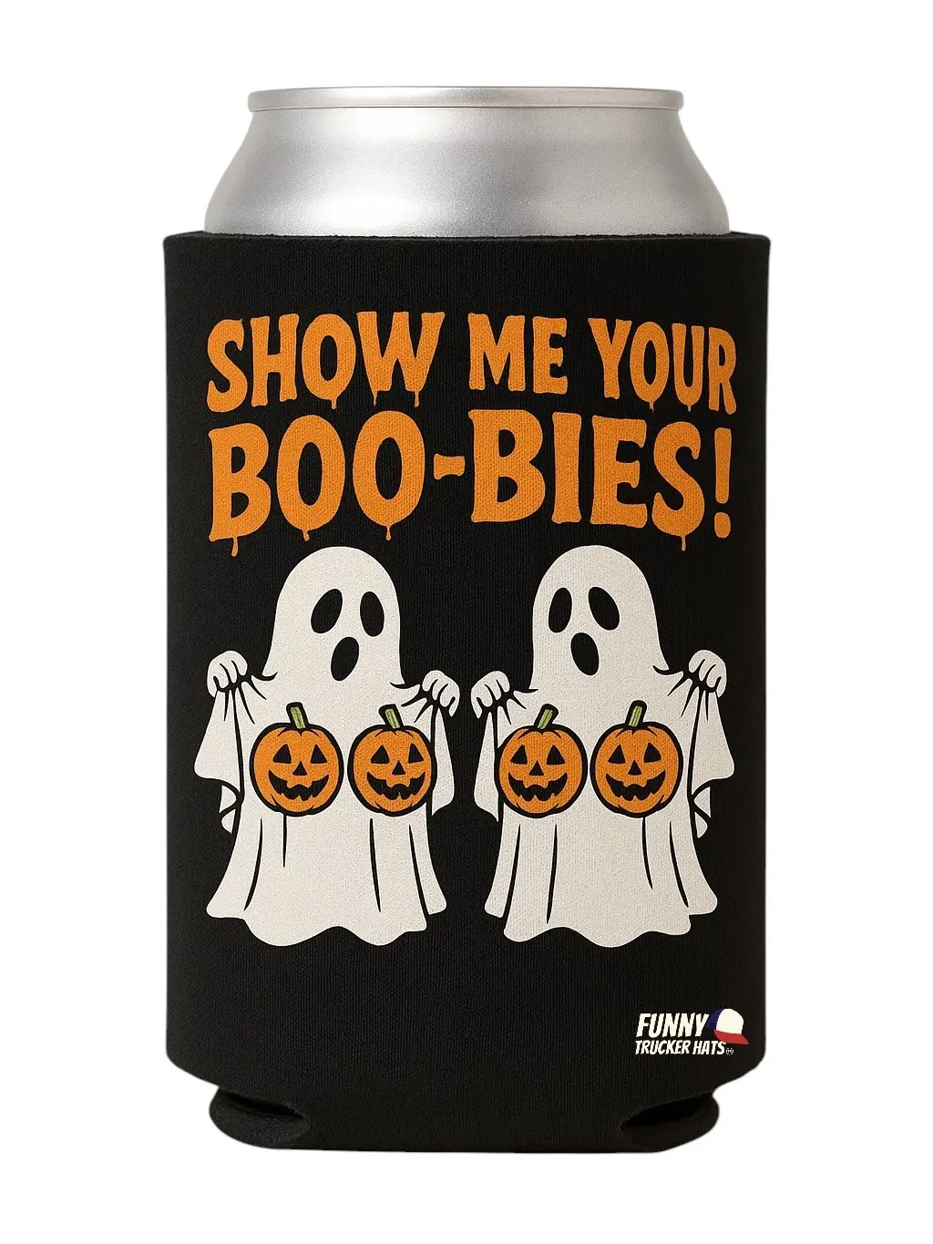 Show Me Your Boo-Bies - Funny Halloween Can Insulator for Spooky Drinks - Durable Neoprene - Funny Ghost Halloween Gift Decor - Drinkware Sleeve Beer