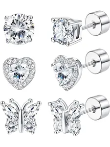 3 Pairs 925 Sterling Silver Birthstone Earrings for Women Girls Multicolor CZ Butterfly Heart Birthstone Hypoallergenic Earrings for Birthday Gift, Cubic Zirconia, Stud Earrings Jewelry
