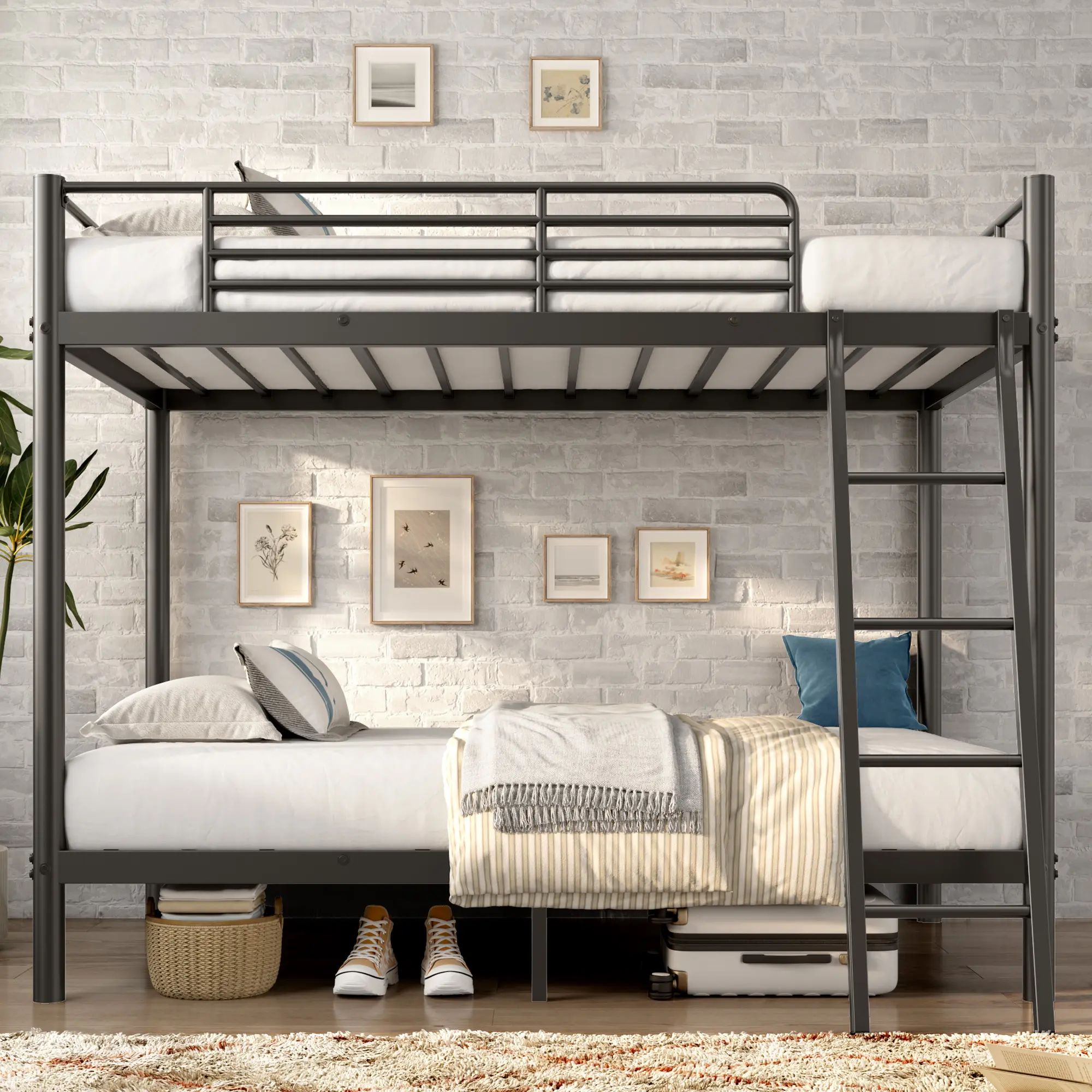 Twin Bunk Metal Bed with Ladder and Guardrails Heavy Duty Metal Construction Suitable for Teens and Adults Ideal for Families and Guests (No Mattress in)